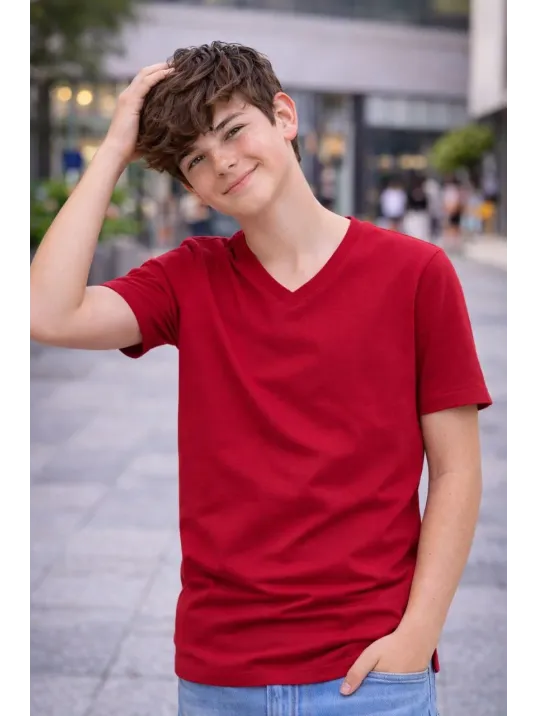 Genç Erkek Çocuk V Yaka Tişört Yazlık Model Günlük Basic Body - Bordo