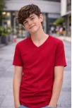 Genç Erkek Çocuk V Yaka Tişört Yazlık Model Günlük Basic Body - Bordo