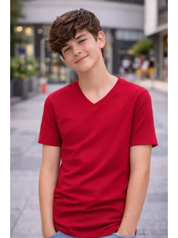 Genç Erkek Çocuk V Yaka Tişört Yazlık Model Günlük Basic Body - Bordo