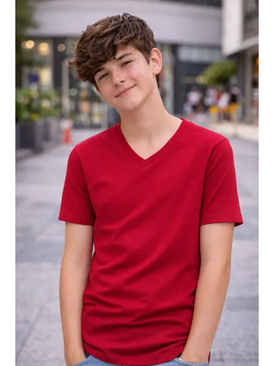 Genç Erkek Çocuk V Yaka Tişört Yazlık Model Günlük Basic Body - Bordo