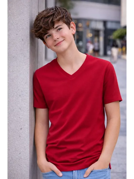 Genç Erkek Çocuk V Yaka Tişört Yazlık Model Günlük Basic Body - Bordo