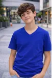 Genç Erkek Çocuk V Yaka Tişört Yazlık Model Günlük Basic Body - Saks Mavisi
