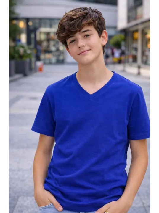 Genç Erkek Çocuk V Yaka Tişört Yazlık Model Günlük Basic Body - Saks Mavisi