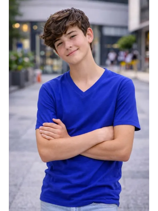 Genç Erkek Çocuk V Yaka Tişört Yazlık Model Günlük Basic Body - Saks Mavisi