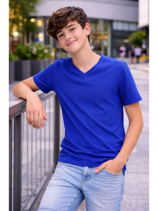 Genç Erkek Çocuk V Yaka Tişört Yazlık Model Günlük Basic Body - Saks Mavisi