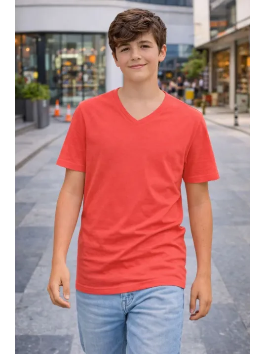 Genç Erkek Çocuk V Yaka Tişört Yazlık Model Günlük Basic Body - Nar Çiçeği