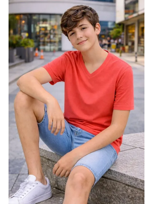 Genç Erkek Çocuk V Yaka Tişört Yazlık Model Günlük Basic Body - Nar Çiçeği