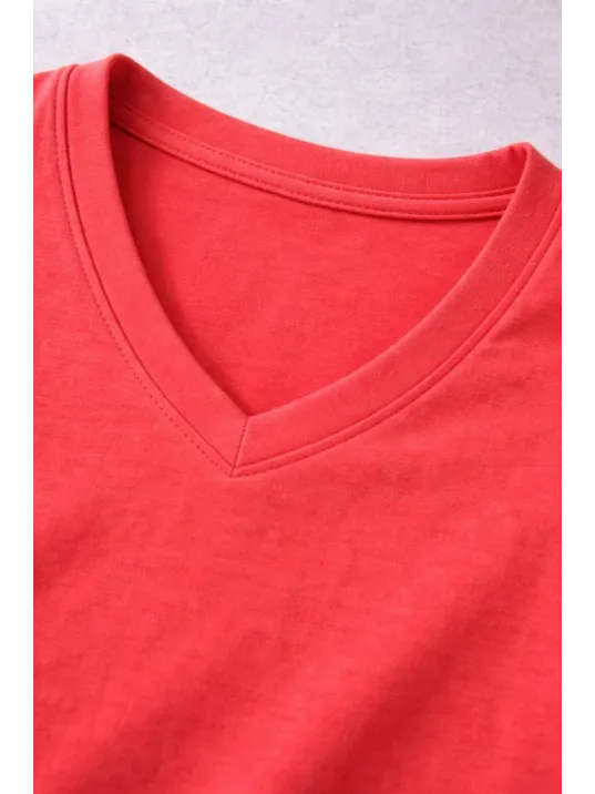 Genç Erkek Çocuk V Yaka Tişört Yazlık Model Günlük Basic Body - Nar Çiçeği