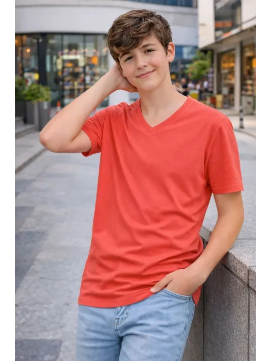 Genç Erkek Çocuk V Yaka Tişört Yazlık Model Günlük Basic Body - Nar Çiçeği