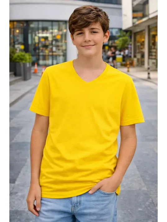 Genç Erkek Çocuk V Yaka Tişört Yazlık Model Günlük Basic Body - Sarı
