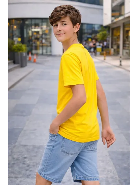Genç Erkek Çocuk V Yaka Tişört Yazlık Model Günlük Basic Body - Sarı