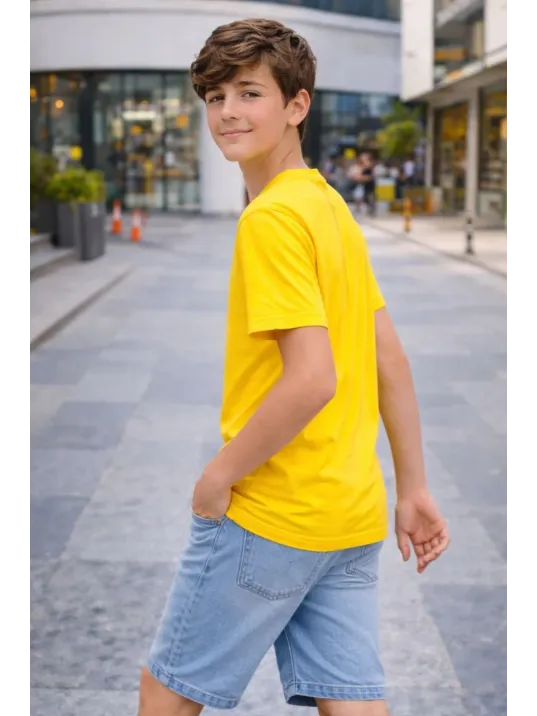 Genç Erkek Çocuk V Yaka Tişört Yazlık Model Günlük Basic Body - Sarı