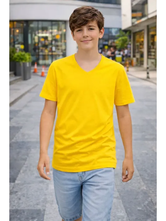 Genç Erkek Çocuk V Yaka Tişört Yazlık Model Günlük Basic Body - Sarı
