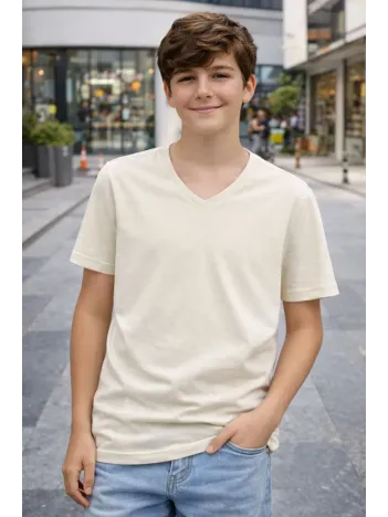 Genç Erkek Çocuk V Yaka Tişört Yazlık Model Günlük Basic Body - Taş