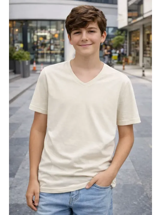 Genç Erkek Çocuk V Yaka Tişört Yazlık Model Günlük Basic Body - Taş