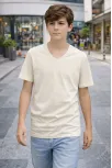 Genç Erkek Çocuk V Yaka Tişört Yazlık Model Günlük Basic Body - Taş
