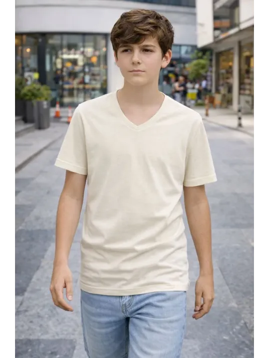 Genç Erkek Çocuk V Yaka Tişört Yazlık Model Günlük Basic Body - Taş