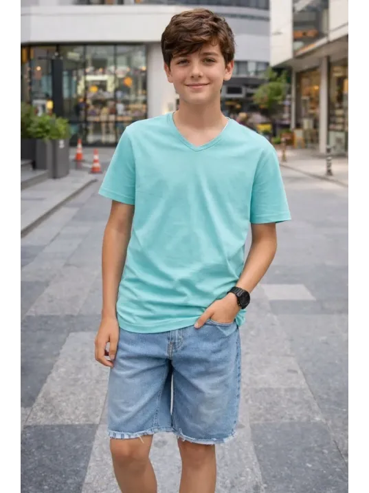 Genç Erkek Çocuk V Yaka Tişört Yazlık Model Günlük Basic Body - Turkuvaz