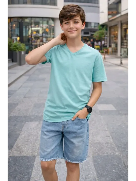 Genç Erkek Çocuk V Yaka Tişört Yazlık Model Günlük Basic Body - Turkuvaz