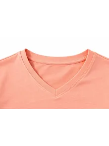 Genç Kız Çocuk V Yaka Tişört Yazlık Model Günlük Basic Body - Toz Pembe