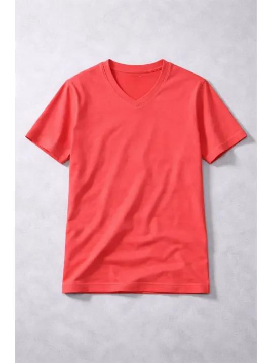 Genç Kız Çocuk V Yaka Tişört Yazlık Model Günlük Basic Body - Nar Çiçeği