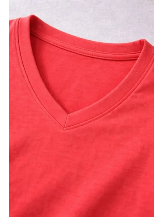 Genç Kız Çocuk V Yaka Tişört Yazlık Model Günlük Basic Body - Nar Çiçeği