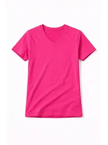 Genç Kız Çocuk V Yaka Tişört Yazlık Model Günlük Basic Body - Pembe