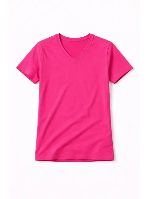 Genç Kız Çocuk V Yaka Tişört Yazlık Model Günlük Basic Body - Pembe