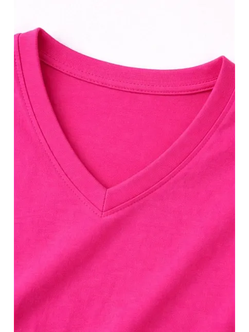 Genç Kız Çocuk V Yaka Tişört Yazlık Model Günlük Basic Body - Pembe