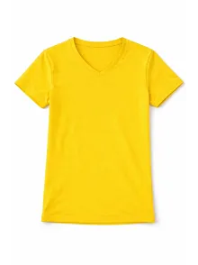 Genç Kız Çocuk V Yaka Tişört Yazlık Model Günlük Basic Body - Sarı