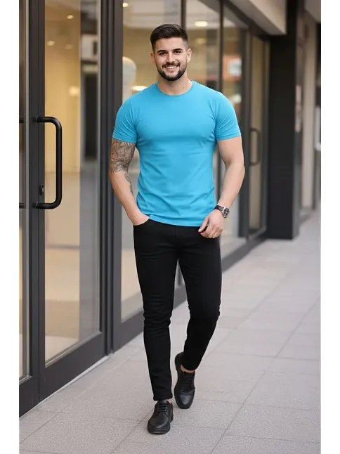 Erkek T-shirt Bisiklet Yaka Slim Fit Dar Kesim Likralı Tişört Günlük Basic Body - Açık Mavi