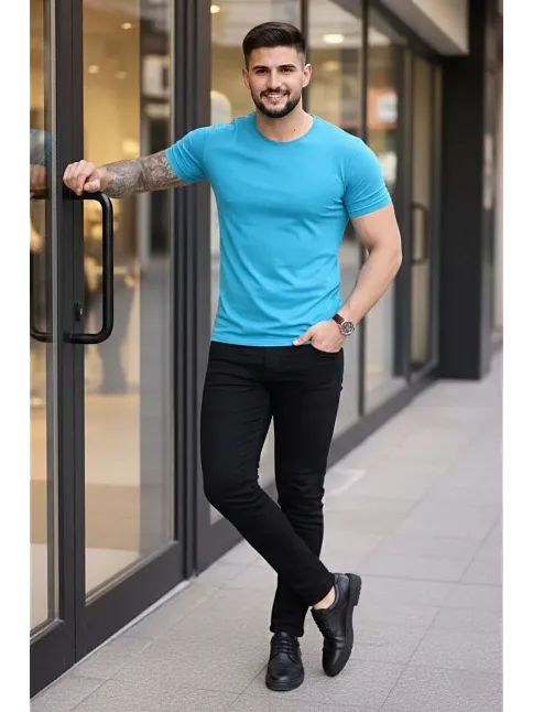 Erkek T-shirt Bisiklet Yaka Slim Fit Dar Kesim Likralı Tişört Günlük Basic Body - Açık Mavi