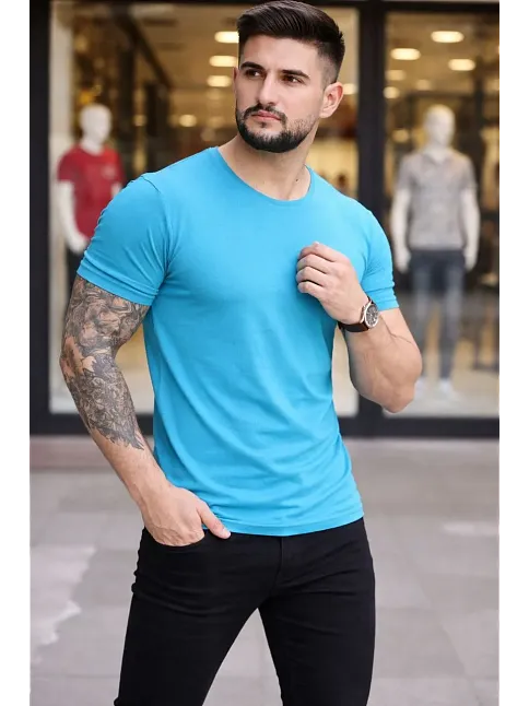 Erkek T-shirt Bisiklet Yaka Slim Fit Dar Kesim Likralı Tişört Günlük Basic Body - Açık Mavi