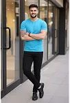 Erkek T-shirt Bisiklet Yaka Slim Fit Dar Kesim Likralı Tişört Günlük Basic Body - Açık Mavi
