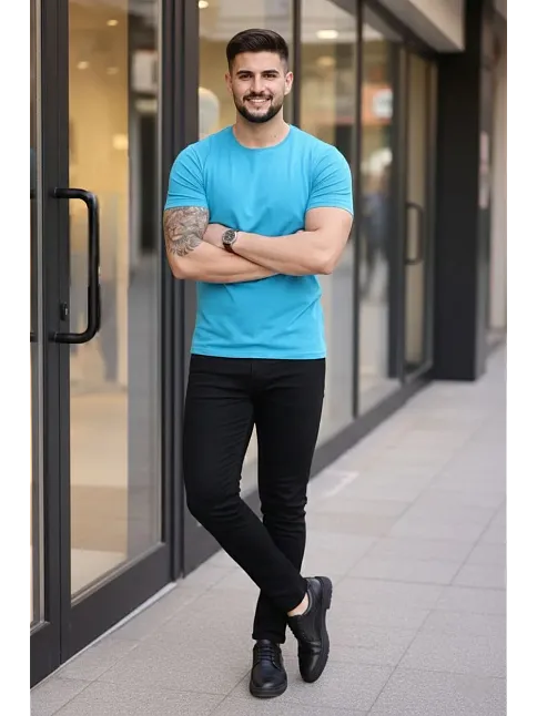 Erkek T-shirt Bisiklet Yaka Slim Fit Dar Kesim Likralı Tişört Günlük Basic Body - Açık Mavi