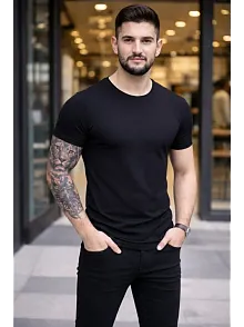 Erkek T-shirt Bisiklet Yaka Slim Fit Dar Kesim Likralı Tişört Günlük Basic Body - Siyah