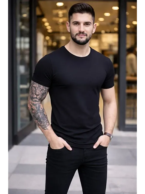 Erkek T-shirt Bisiklet Yaka Slim Fit Dar Kesim Likralı Tişört Günlük Basic Body - Siyah