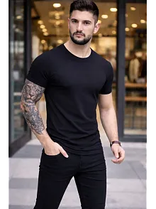 Erkek T-shirt Bisiklet Yaka Slim Fit Dar Kesim Likralı Tişört Günlük Basic Body - Siyah