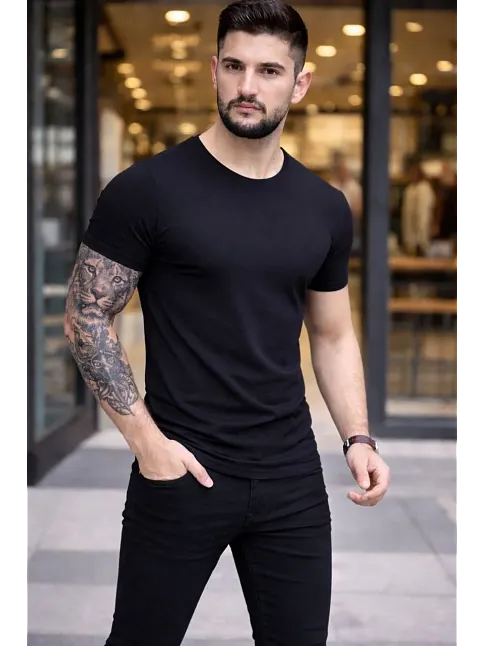 Erkek T-shirt Bisiklet Yaka Slim Fit Dar Kesim Likralı Tişört Günlük Basic Body - Siyah