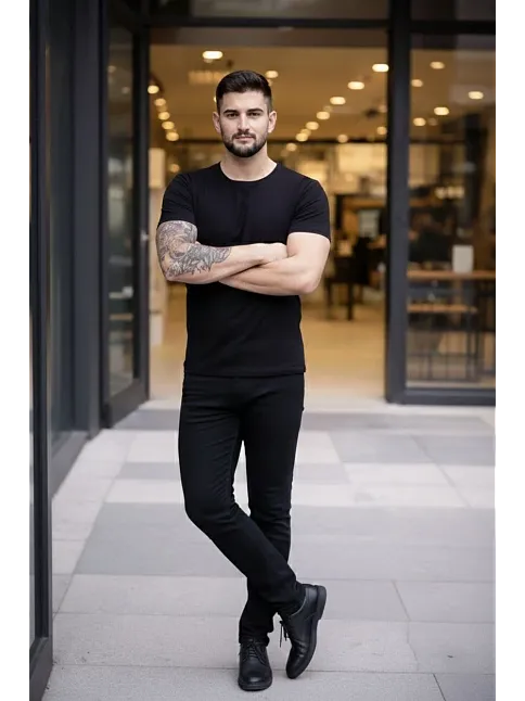 Erkek T-shirt Bisiklet Yaka Slim Fit Dar Kesim Likralı Tişört Günlük Basic Body - Siyah