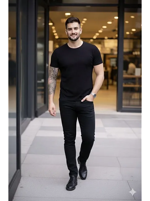 Erkek T-shirt Bisiklet Yaka Slim Fit Dar Kesim Likralı Tişört Günlük Basic Body - Siyah