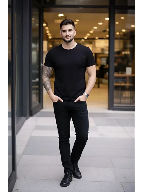 Erkek T-shirt Bisiklet Yaka Slim Fit Dar Kesim Likralı Tişört Günlük Basic Body - Siyah