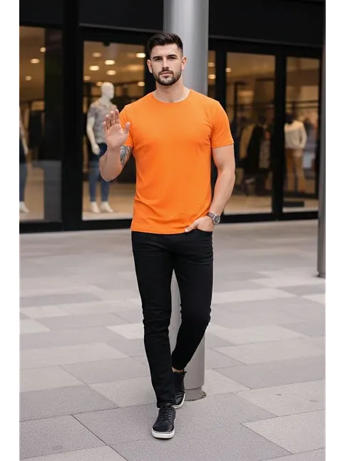 Erkek T-shirt Bisiklet Yaka Slim Fit Dar Kesim Likralı Tişört Günlük Basic Body - Turuncu