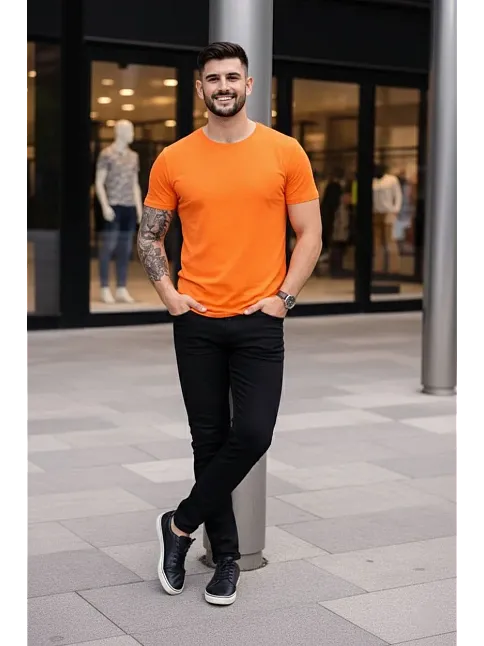 Erkek T-shirt Bisiklet Yaka Slim Fit Dar Kesim Likralı Tişört Günlük Basic Body - Turuncu