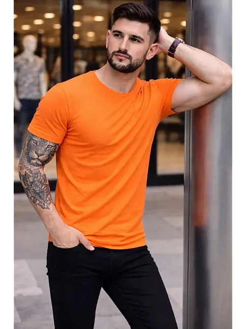 Erkek T-shirt Bisiklet Yaka Slim Fit Dar Kesim Likralı Tişört Günlük Basic Body - Turuncu