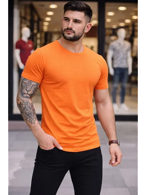 Erkek T-shirt Bisiklet Yaka Slim Fit Dar Kesim Likralı Tişört Günlük Basic Body - Turuncu