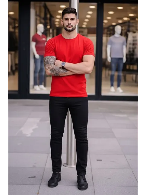 Erkek T-shirt Bisiklet Yaka Slim Fit Dar Kesim Likralı Tişört Günlük Basic Body - Kırmızı