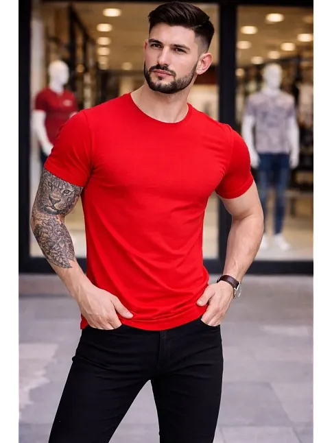Erkek T-shirt Bisiklet Yaka Slim Fit Dar Kesim Likralı Tişört Günlük Basic Body - Kırmızı
