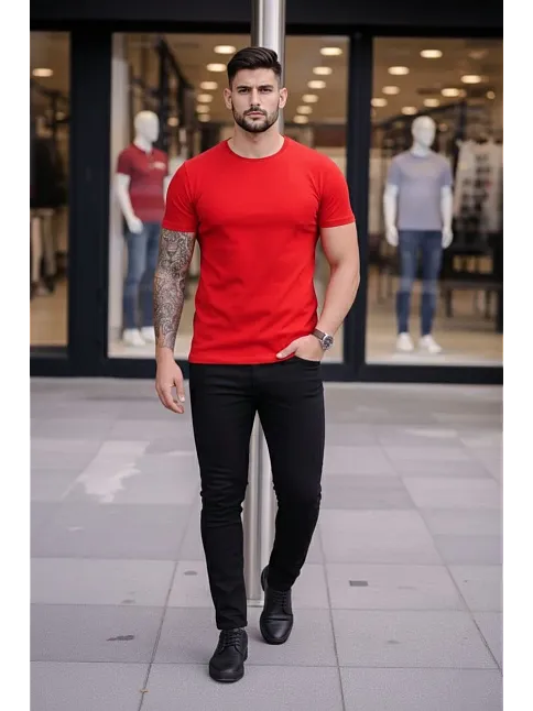 Erkek T-shirt Bisiklet Yaka Slim Fit Dar Kesim Likralı Tişört Günlük Basic Body - Kırmızı