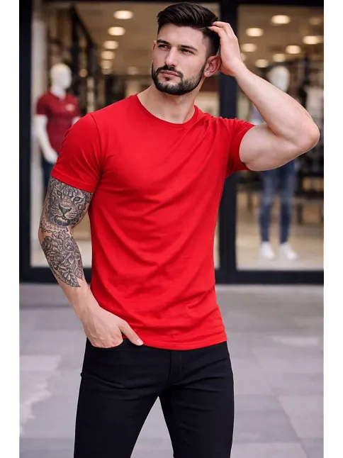 Erkek T-shirt Bisiklet Yaka Slim Fit Dar Kesim Likralı Tişört Günlük Basic Body - Kırmızı